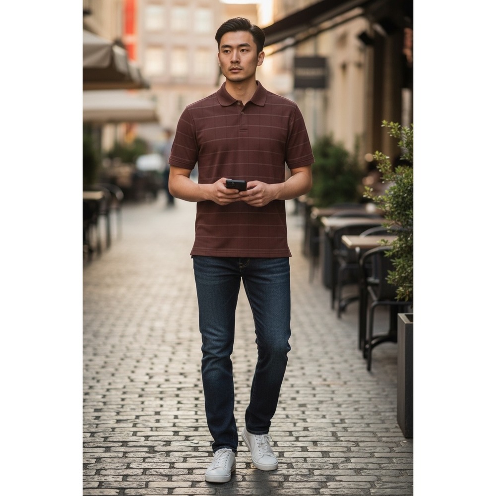 Van Heusen Mens Burgundy Maroon Grid Pattern Short Sleeve Polo Shirt Large